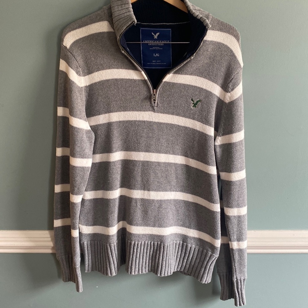 VTG American Eagle Sweater Mens L Long Sleeve 1/4 Zip Stripe Knit Gray Y2K